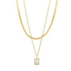 18K Gold Plated Stainless Steel Double Cable and Flat Snake Chain Necklace